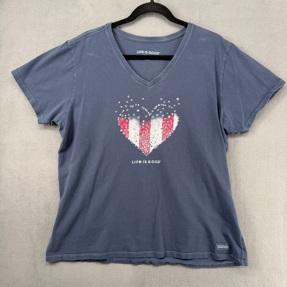 Life is Good‎ Crusher Tee V Neck XL Blue American Flag Heart Stars Print